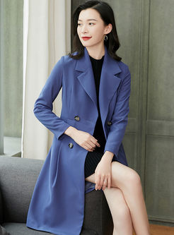 Solid Double-breasted Trench Coat With Tie Waist