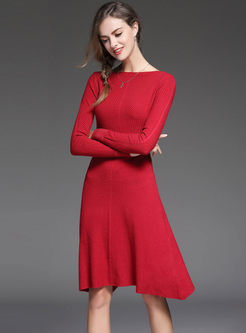 Red Slim Irregular Hem A Line Sweater Dress