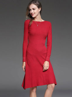 Red Slim Irregular Hem A Line Sweater Dress