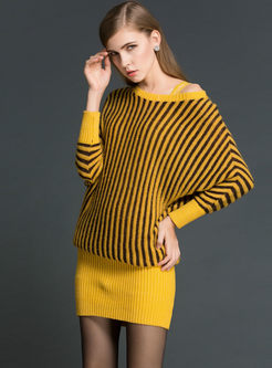 Off Shoulder Striped Slim Sweater Dress