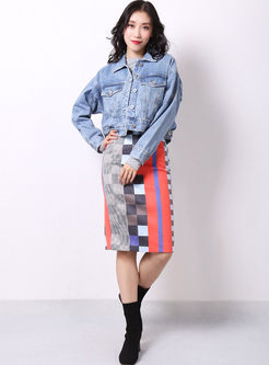 Color-blocked High Waisted Plaid Slim Skirt