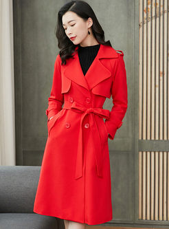 Brief Red Long Sleeve A Line Trench Coat