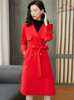 Brief Red Long Sleeve A Line Trench Coat