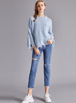 Sweet-neck Flare Sleeve Rough Selvedge Pullover Sweater