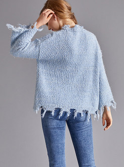 Sweet-neck Flare Sleeve Rough Selvedge Pullover Sweater