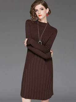 Solid Color Stand Collar Long Sleeve Slim Knit Dress