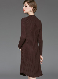 Solid Color Stand Collar Long Sleeve Slim Knit Dress