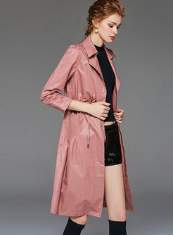 Solid Color Lapel Waist Slim Trench Coat With Drawcord