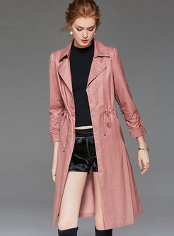 Solid Color Lapel Waist Slim Trench Coat With Drawcord