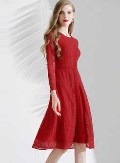 Red O-neck Lace Patchwork A Line Dress
