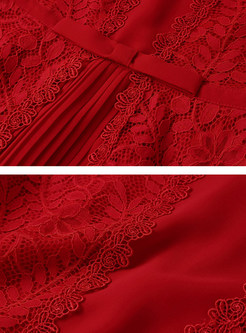 Red O-neck Lace Patchwork A Line Dress