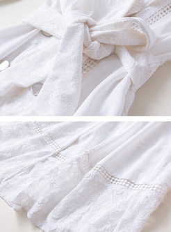 White Lapel Lace Patchwork Double-breasted Trench Coat