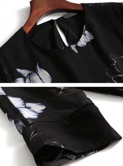 Black O-neck Half Sleeve Print Split Shift Dress