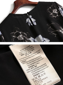 Black O-neck Half Sleeve Print Split Shift Dress