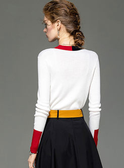 Color-blocked V-neck Long Sleeve Sweater