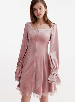 Pink Square Neck Long Sleeve Mini Dress