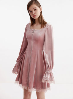 Pink Square Neck Long Sleeve Mini Dress