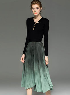 Black V-neck Slim Sweater & Pleated Skirt