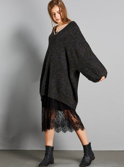  V-neck Lantern Sleeve Patchwork Lace Pullover Sweater