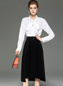 White Bowknot Blouse & A Line Skirt