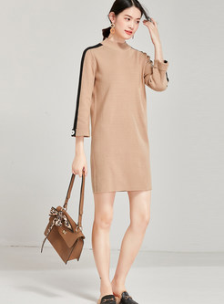 Casual Stand Collar Color-blocked Shift Knit Dress