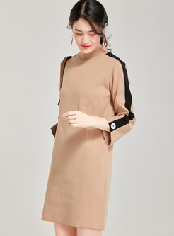 Casual Stand Collar Color-blocked Shift Knit Dress