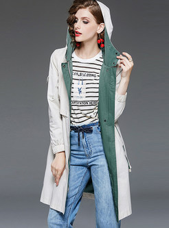Patchwork Slim Hooded Trench Coat With Drawcord