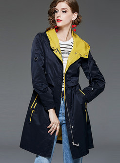 Patchwork Hooded Trench Coat With Drawcord
