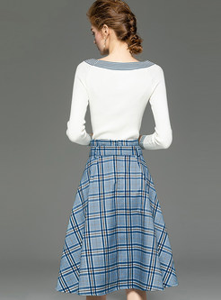  Slash Collar Slim Top & Plaid A Line Skirt