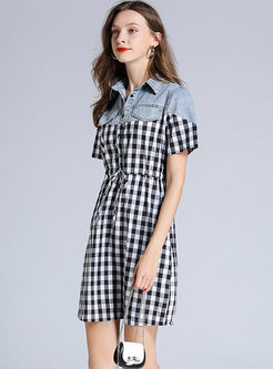 Short Sleeve Plaid Drawcord Mini Dress