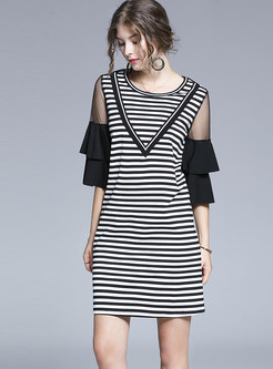Flare Sleeve Patchwork Striped Shift Dress