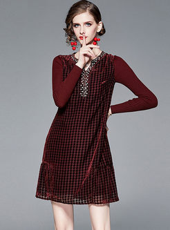 V-neck Plaid Knit Patchwork Mini Dress