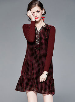 V-neck Plaid Knit Patchwork Mini Dress