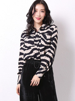 Turn Down Collar Print Single-breasted Loose Blouse