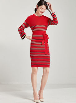 O-neck Long Sleeve Striped Bodycon Dress