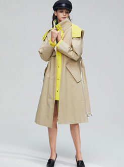 Color-blocked Hooded Tie Long Trench Coat