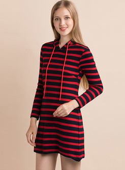 Casual Hooded Striped Mini Knit Dress