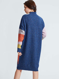 Turtleneck Color-blocked Knit Loose Dress