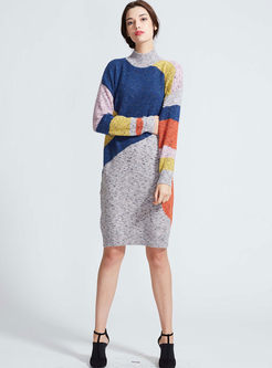 Turtleneck Color-blocked Knit Loose Dress