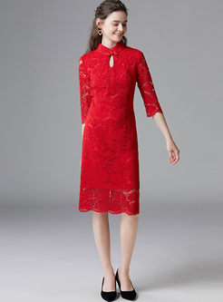 Mandarin Collar 3/4 Sleeve Lace Slim Dress
