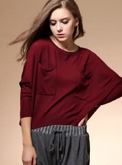 Wine Red Bat Sleeve Loose Pullover Sweater