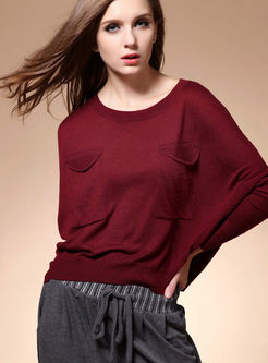 Wine Red Bat Sleeve Loose Pullover Sweater