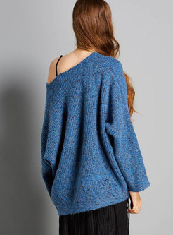 Casual Blue V-neck Batwing Sleeve Loose Sweater