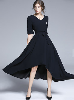  Solid Color V-neck High Waist Irregular Maxi Dress