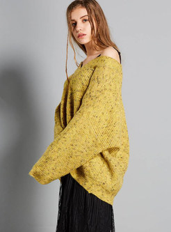 Casual Yellow V-neck Bat Sleeve Loose Sweater