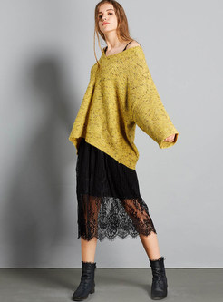 Casual Yellow V-neck Bat Sleeve Loose Sweater