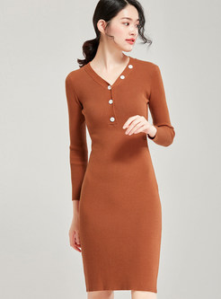 Solid Color V-neck Button Bodycon Knit Dress
