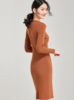 Solid Color V-neck Button Bodycon Knit Dress