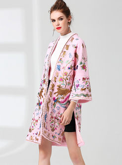 Retro V-neck Embroidered Loose Wool Overcoat