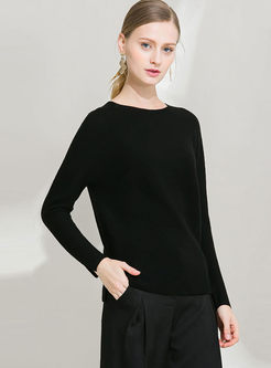 Black O-neck Slim Pullover Slit Sweater